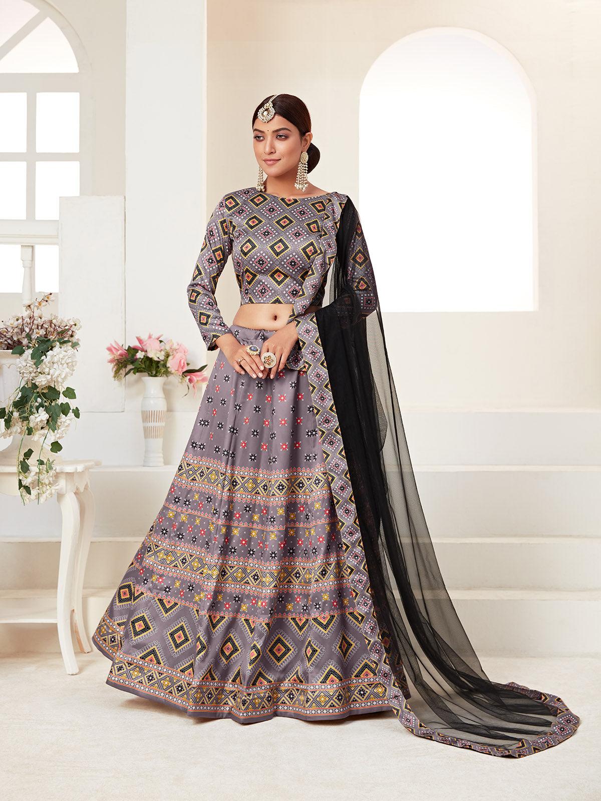 GREY PRINTED LEHENGA CHOLI SET - Rajwada