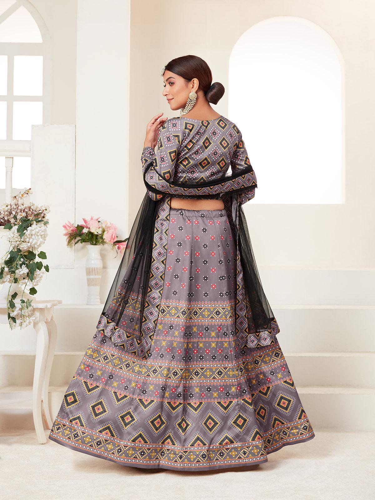GREY PRINTED LEHENGA CHOLI SET - Rajwada