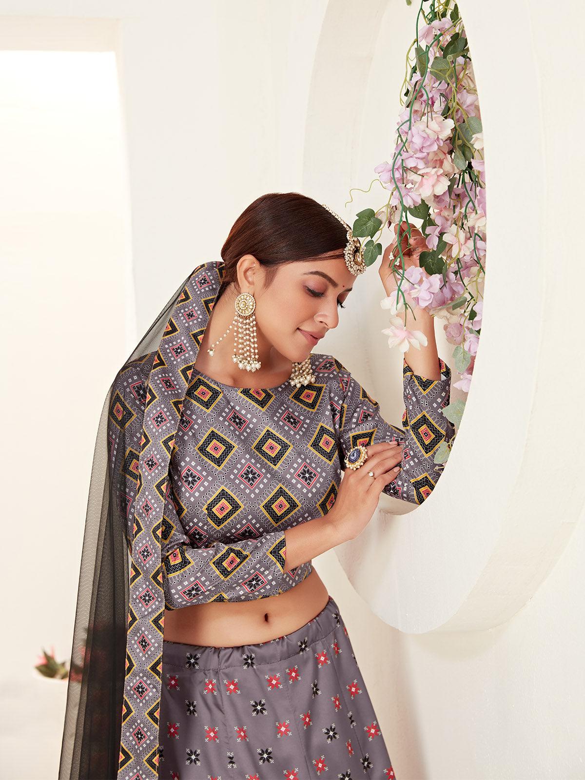 GREY PRINTED LEHENGA CHOLI SET - Rajwada