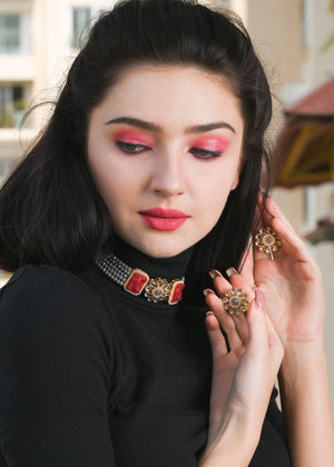 Grey Red Trendy Kundan Choker Set - Rajwada