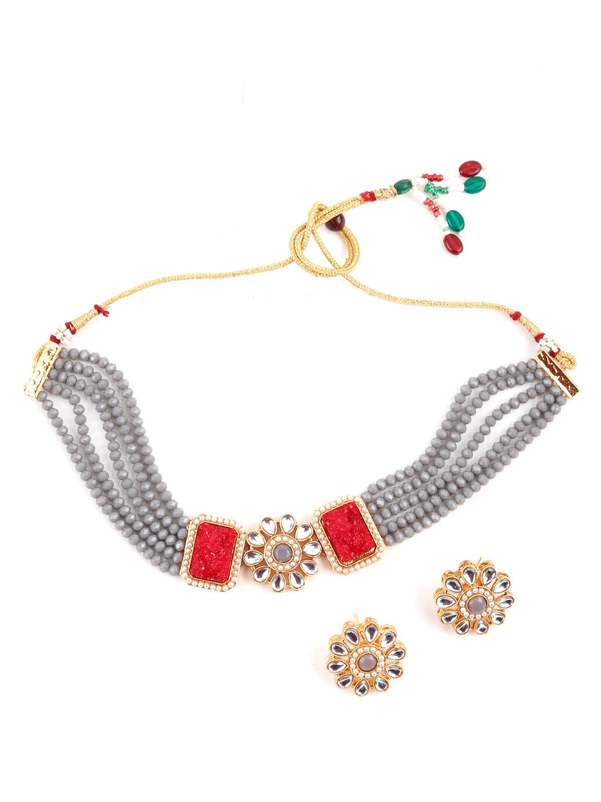 Grey Red Trendy Kundan Choker Set - Rajwada