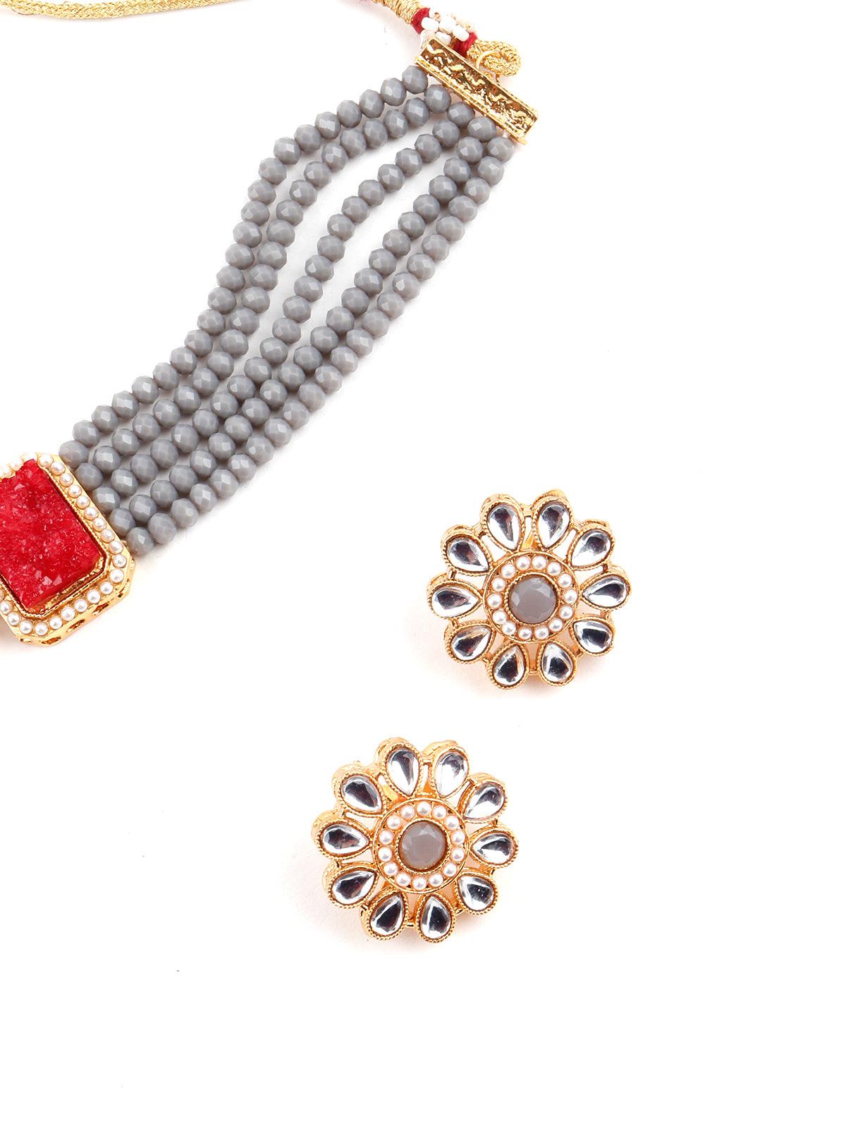 Grey Red Trendy Kundan Choker Set - Rajwada