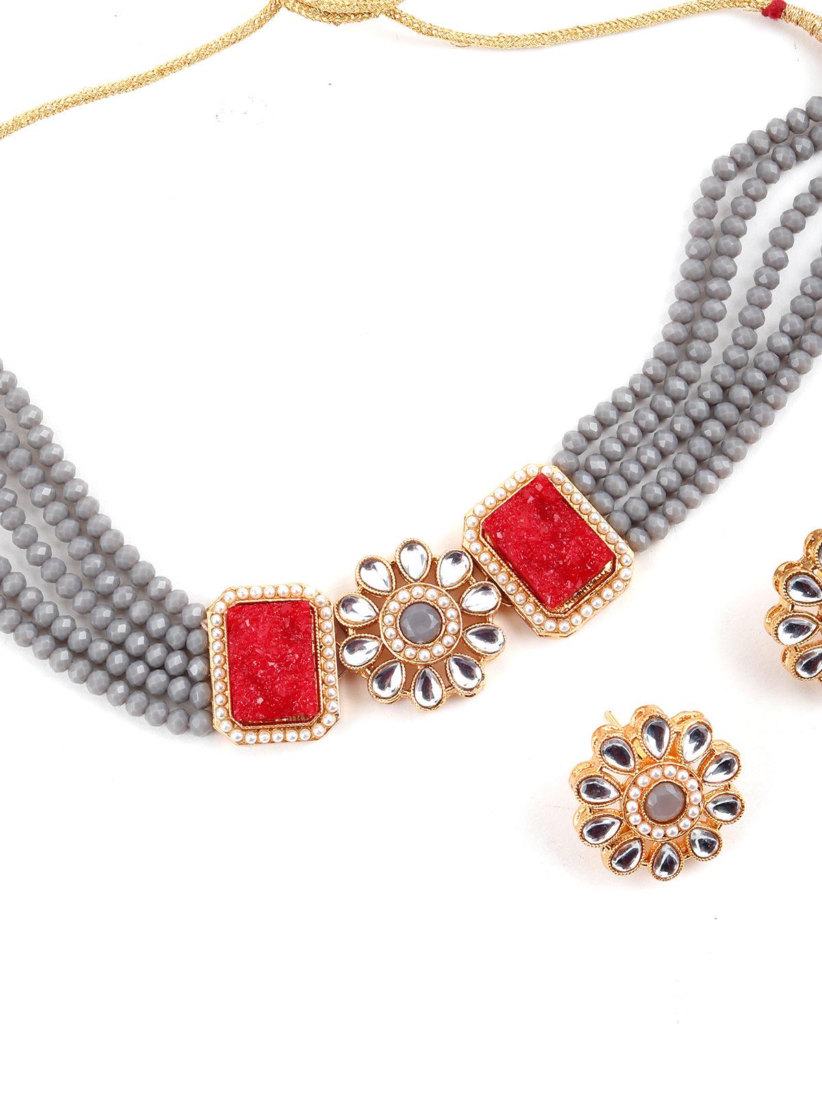 Grey Red Trendy Kundan Choker Set - Rajwada
