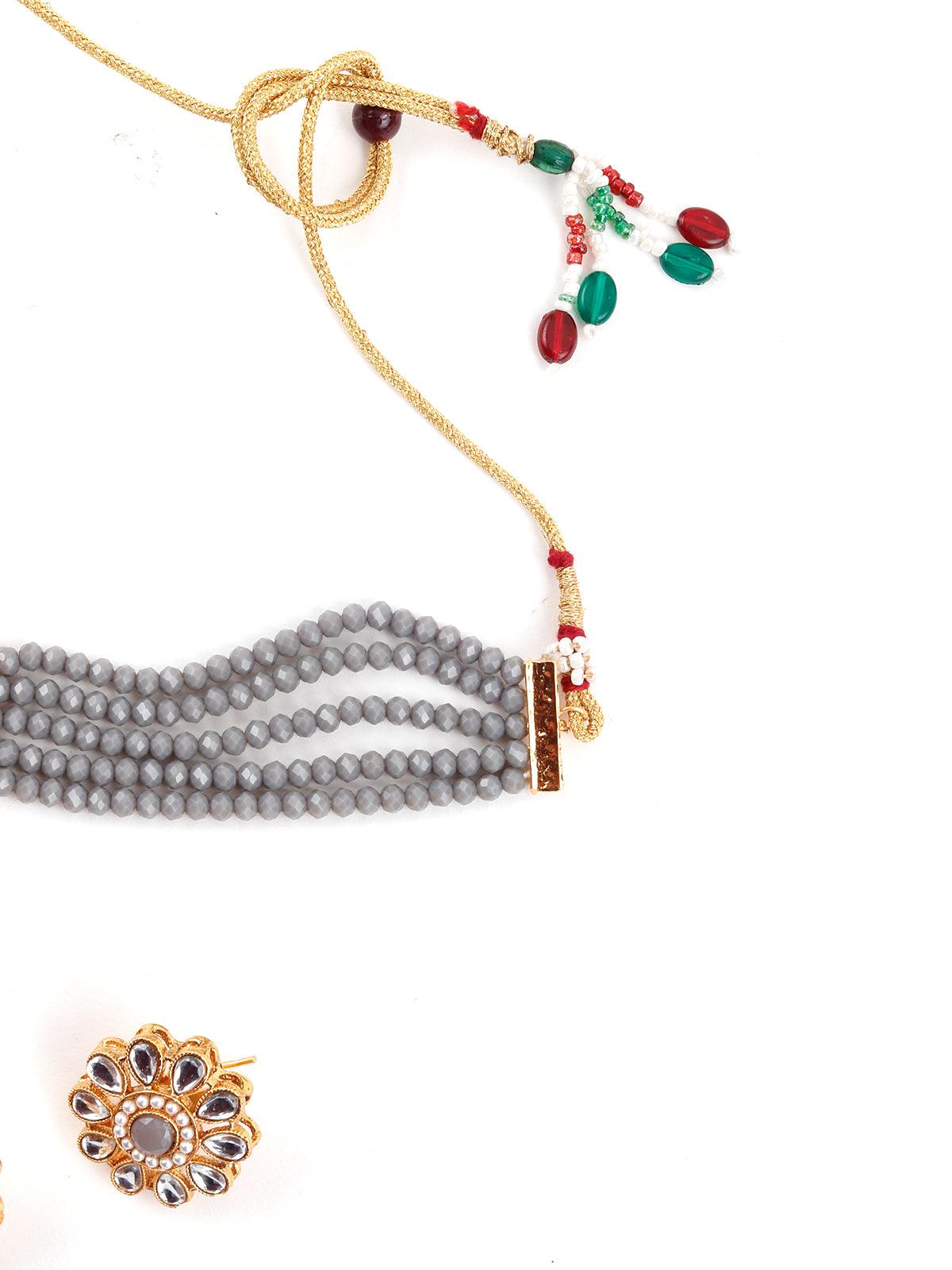 Grey Red Trendy Kundan Choker Set - Rajwada