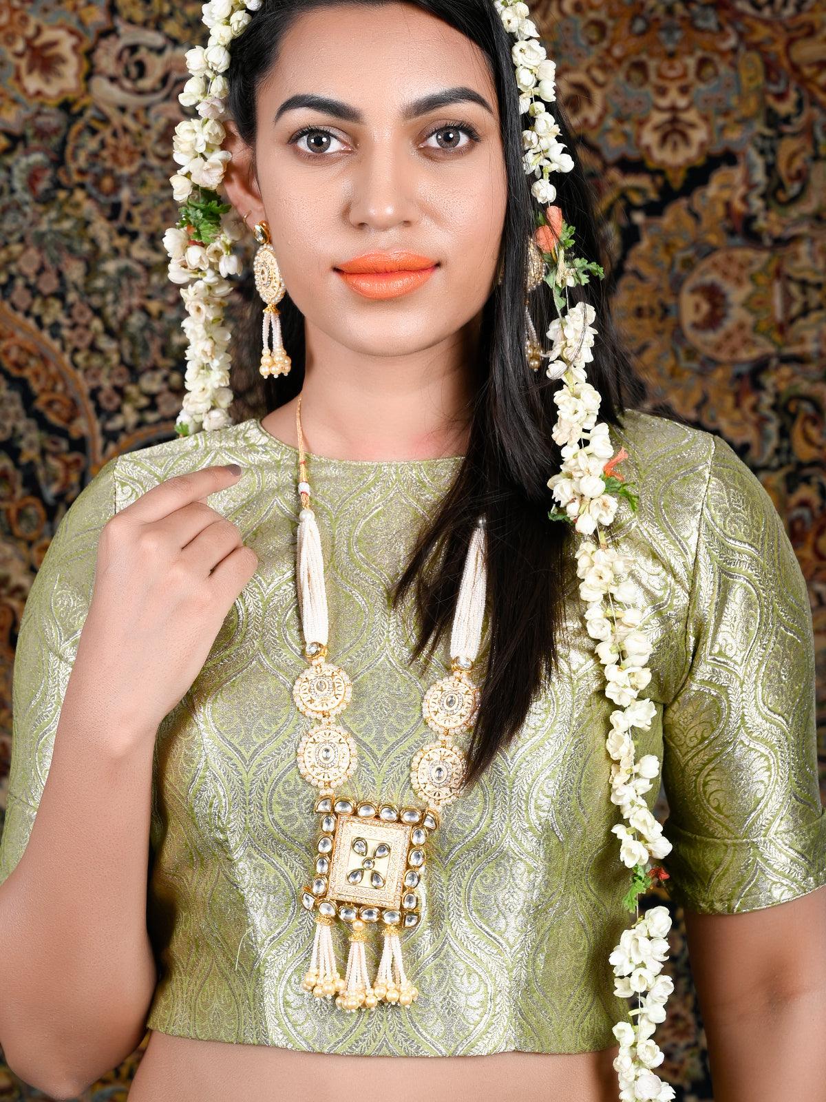 Heavy Beige Enamelled Kundan-Pearl Necklace Set - Rajwada