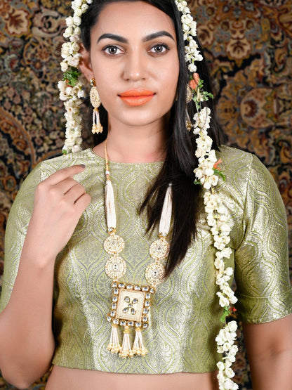 Heavy Beige Enamelled Kundan-Pearl Necklace Set - Rajwada