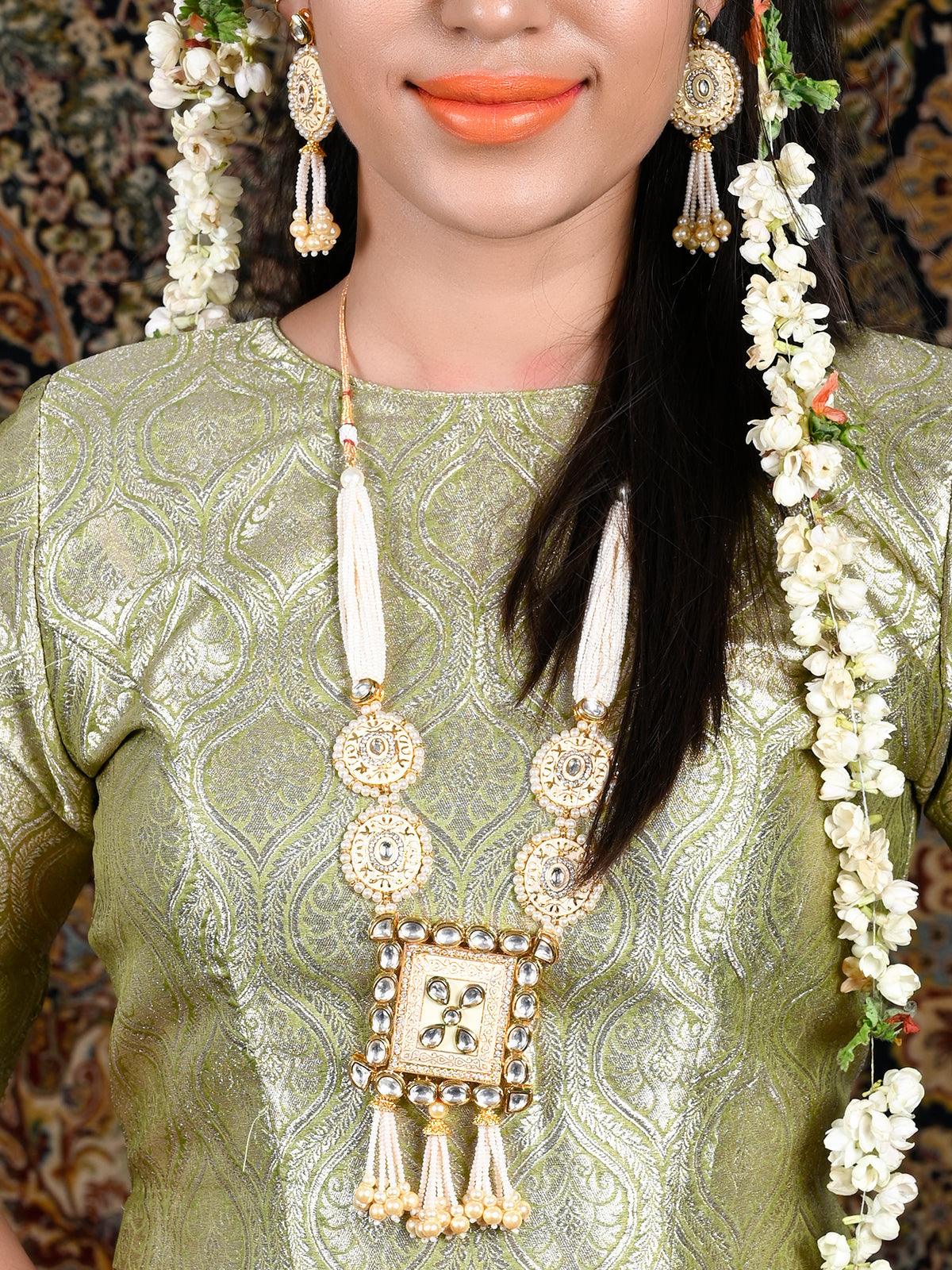 Heavy Beige Enamelled Kundan-Pearl Necklace Set - Rajwada