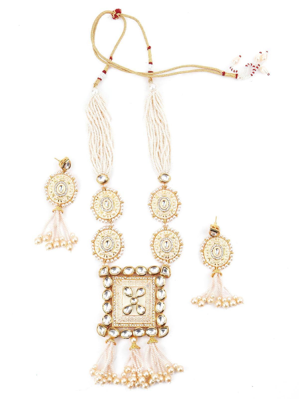 Heavy Beige Enamelled Kundan-Pearl Necklace Set - Rajwada