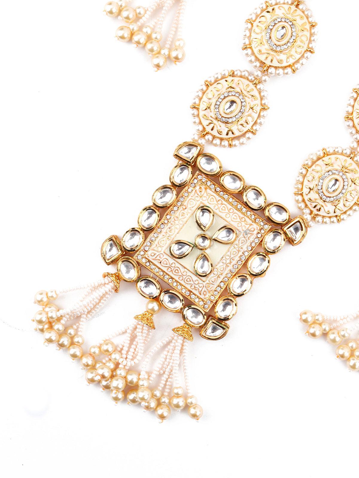 Heavy Beige Enamelled Kundan-Pearl Necklace Set - Rajwada