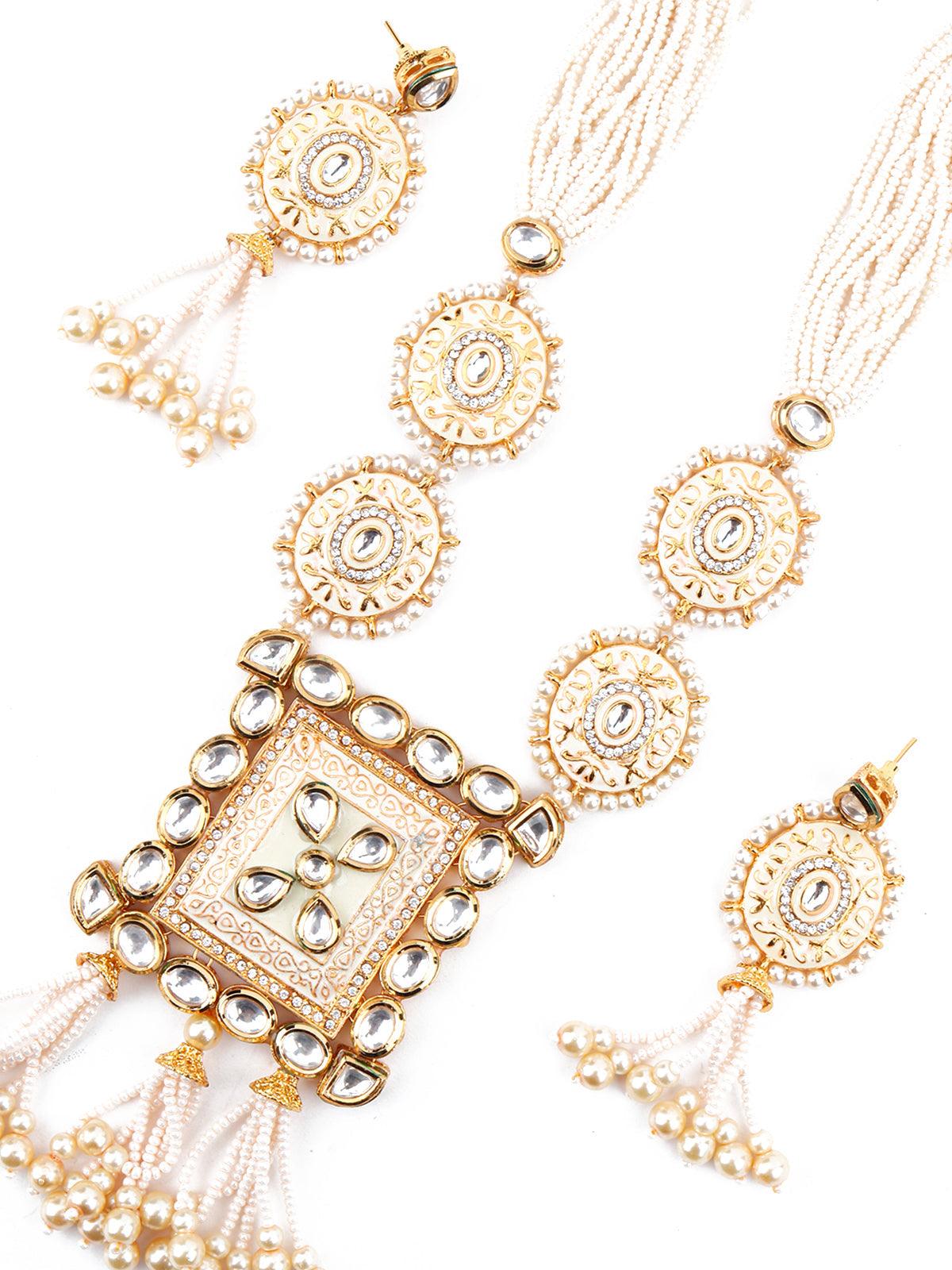 Heavy Beige Enamelled Kundan-Pearl Necklace Set - Rajwada