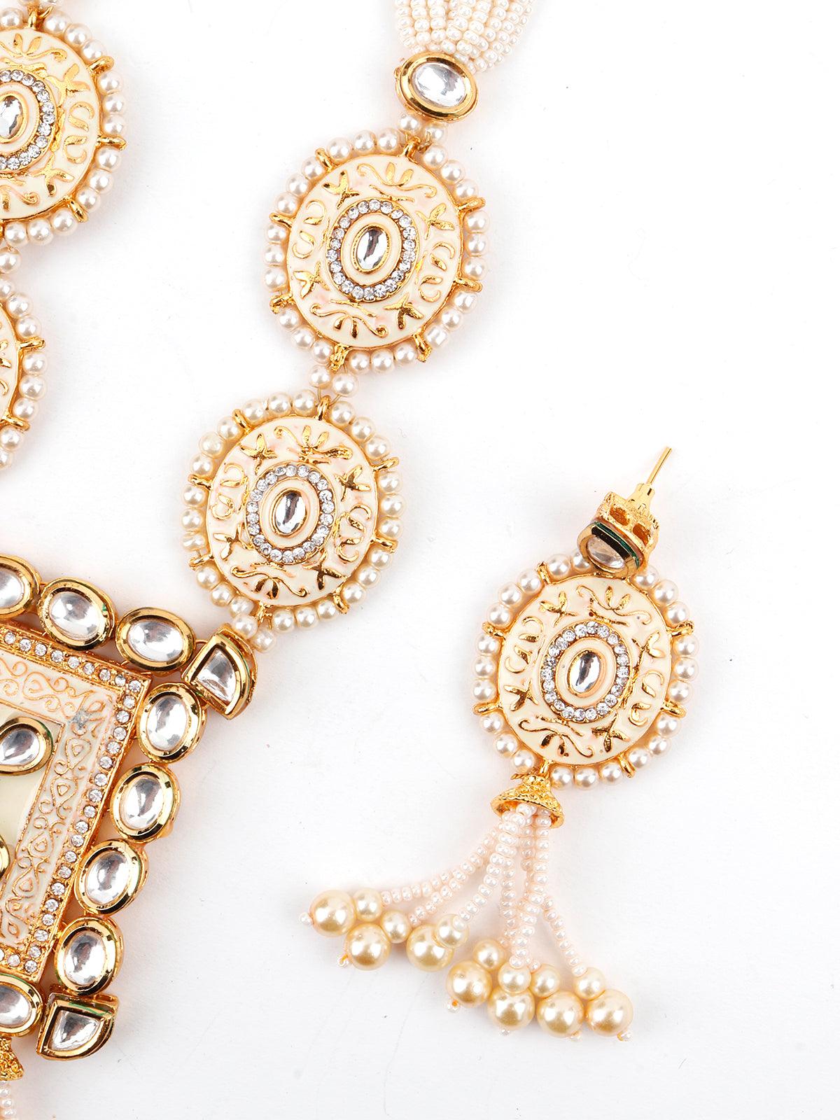Heavy Beige Enamelled Kundan-Pearl Necklace Set - Rajwada