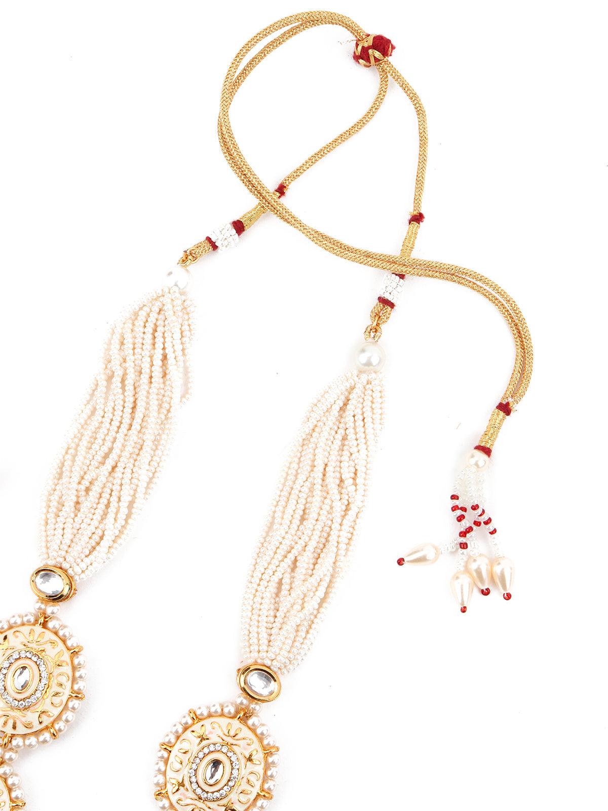 Heavy Beige Enamelled Kundan-Pearl Necklace Set - Rajwada