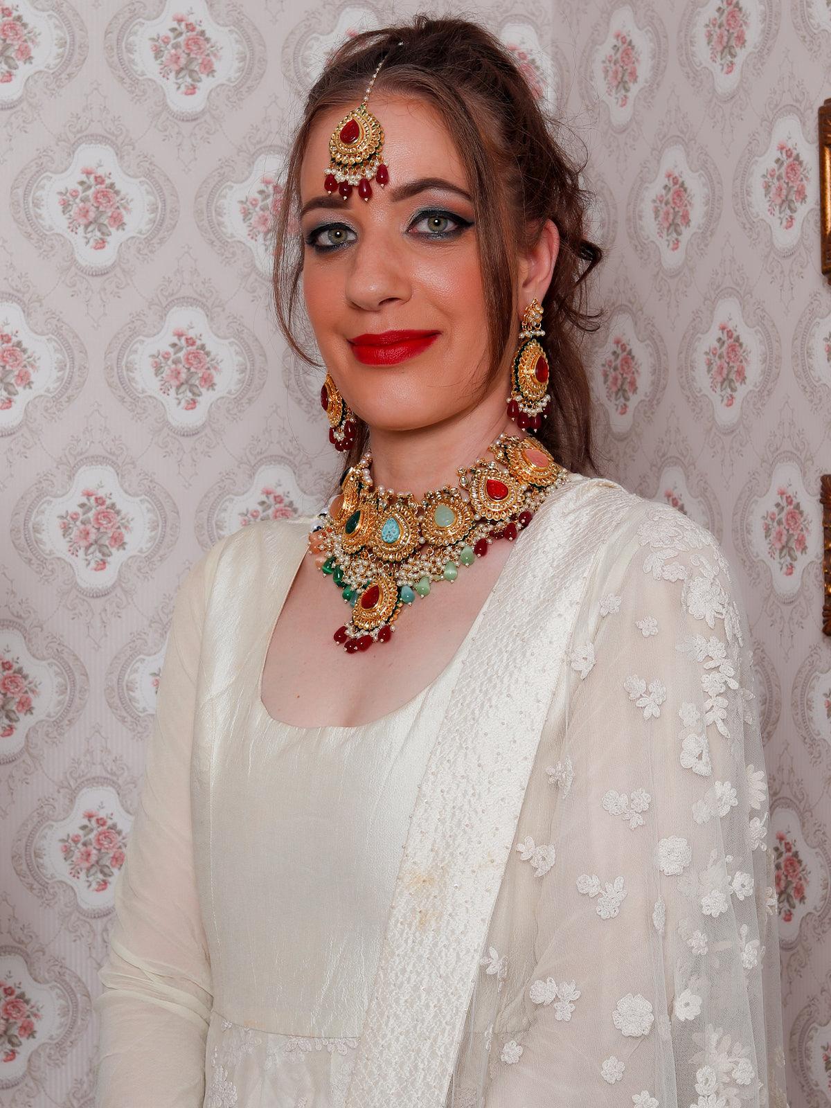Heavy Multicolored Stone Studded Neckpiece Set - Rajwada