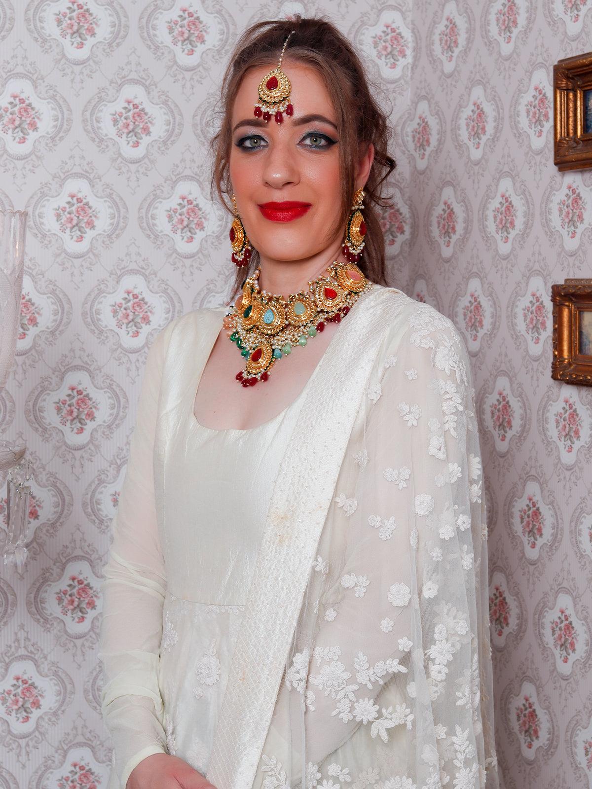 Heavy Multicolored Stone Studded Neckpiece Set - Rajwada