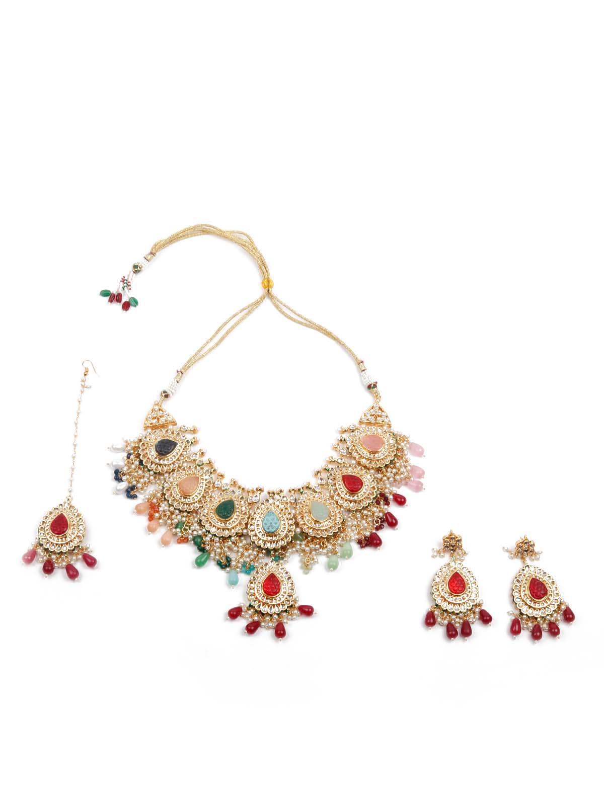 Heavy Multicolored Stone Studded Neckpiece Set - Rajwada