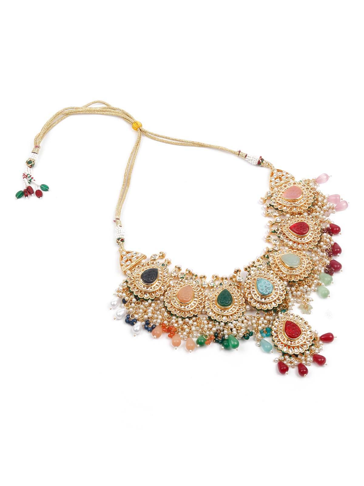 Heavy Multicolored Stone Studded Neckpiece Set - Rajwada