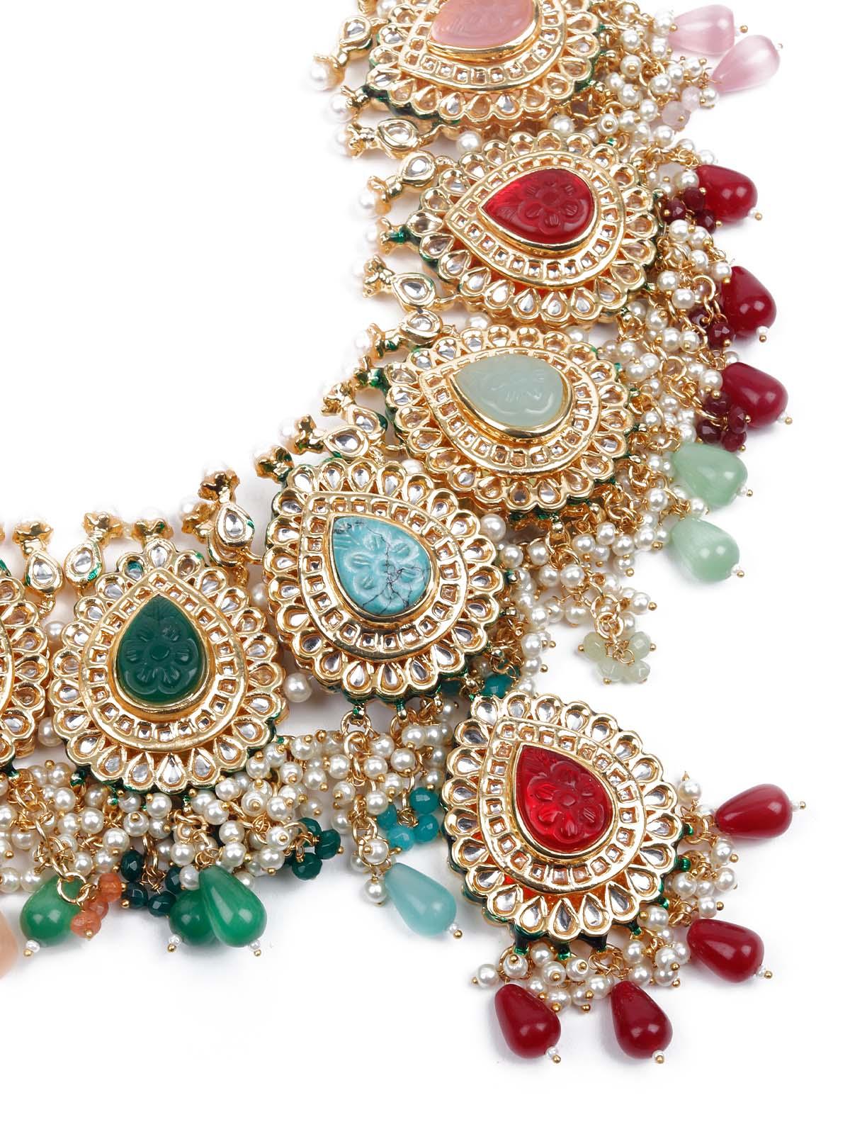 Heavy Multicolored Stone Studded Neckpiece Set - Rajwada