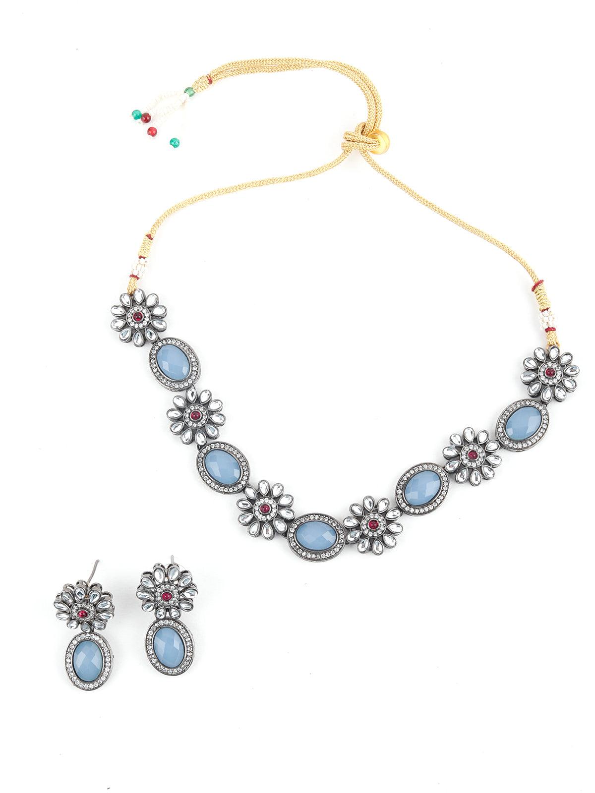 Iceberg Blue Floral Choker Necklace Set - Rajwada