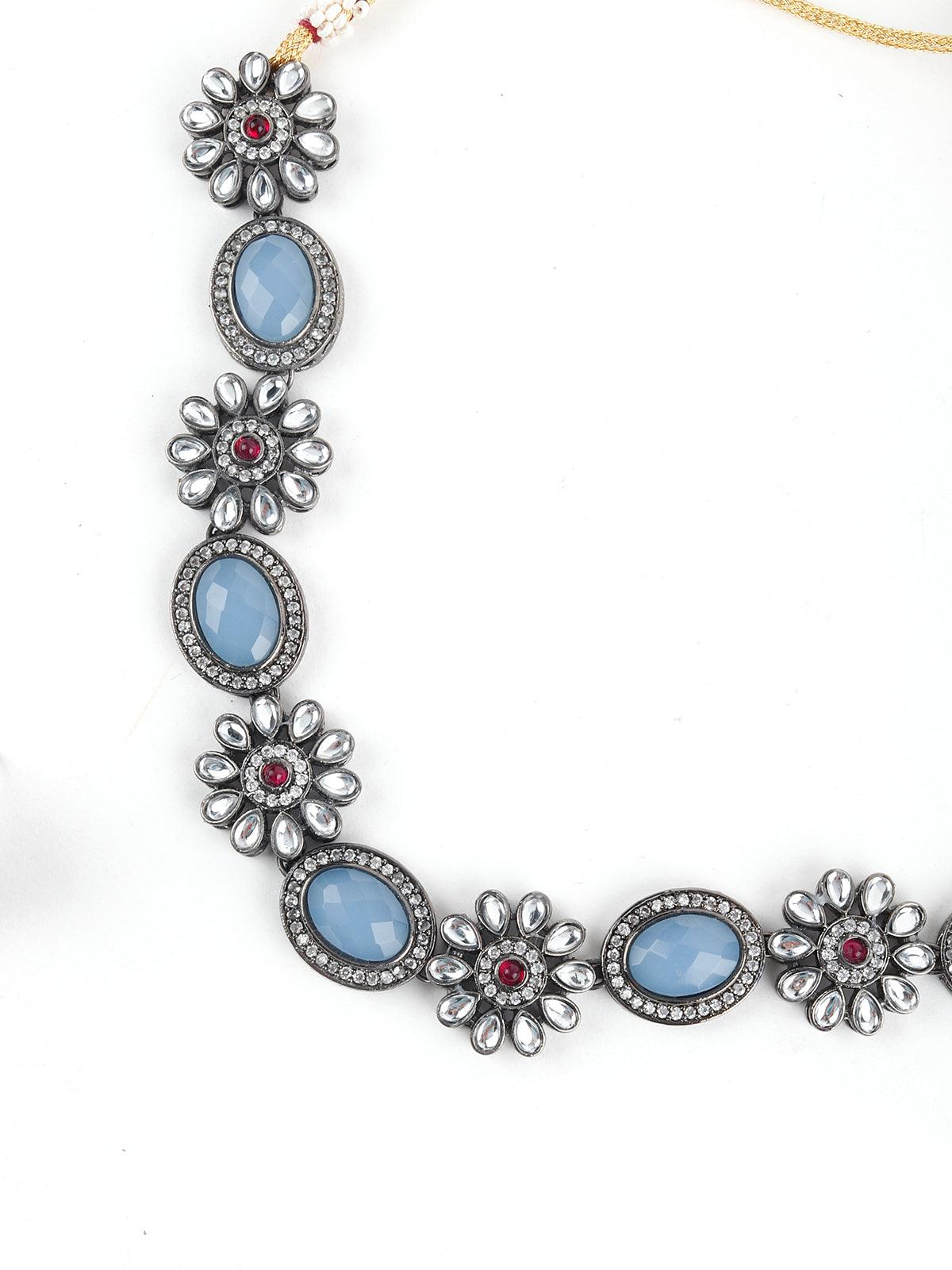 Iceberg Blue Floral Choker Necklace Set - Rajwada