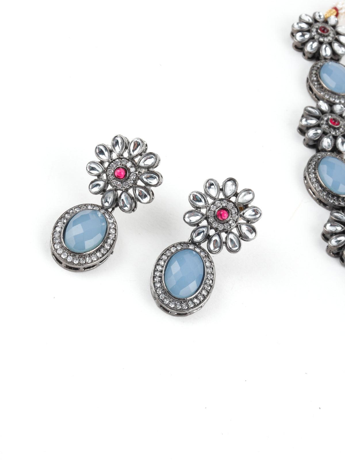 Iceberg Blue Floral Choker Necklace Set - Rajwada