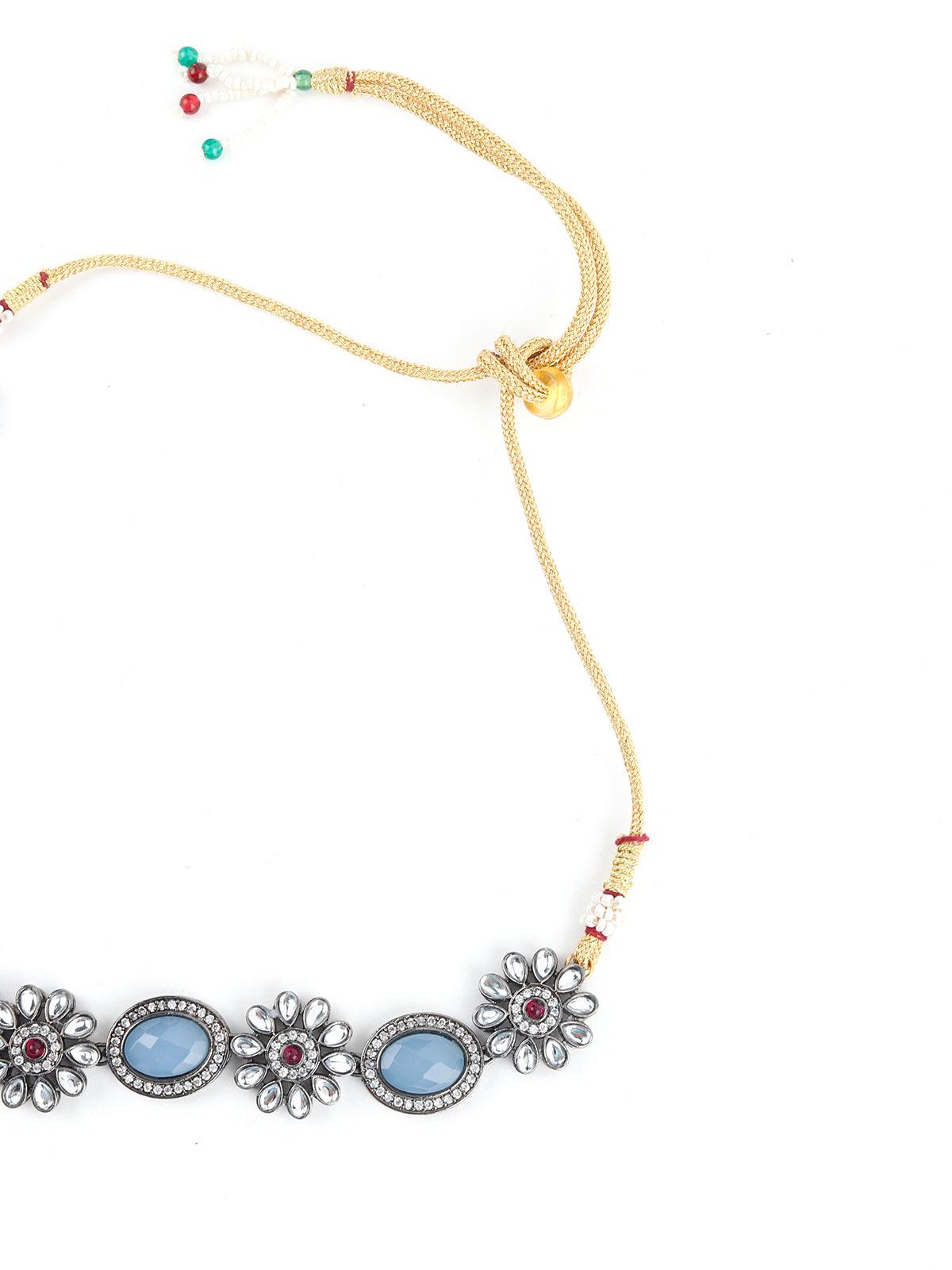 Iceberg Blue Floral Choker Necklace Set - Rajwada