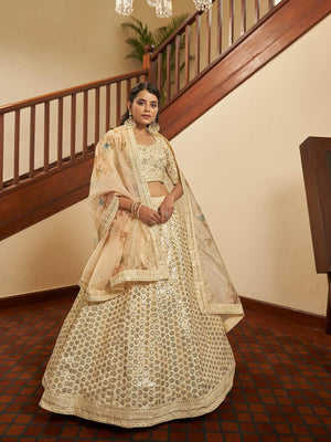 Impressive Beige Art Silk Lehenga Set - Rajwada