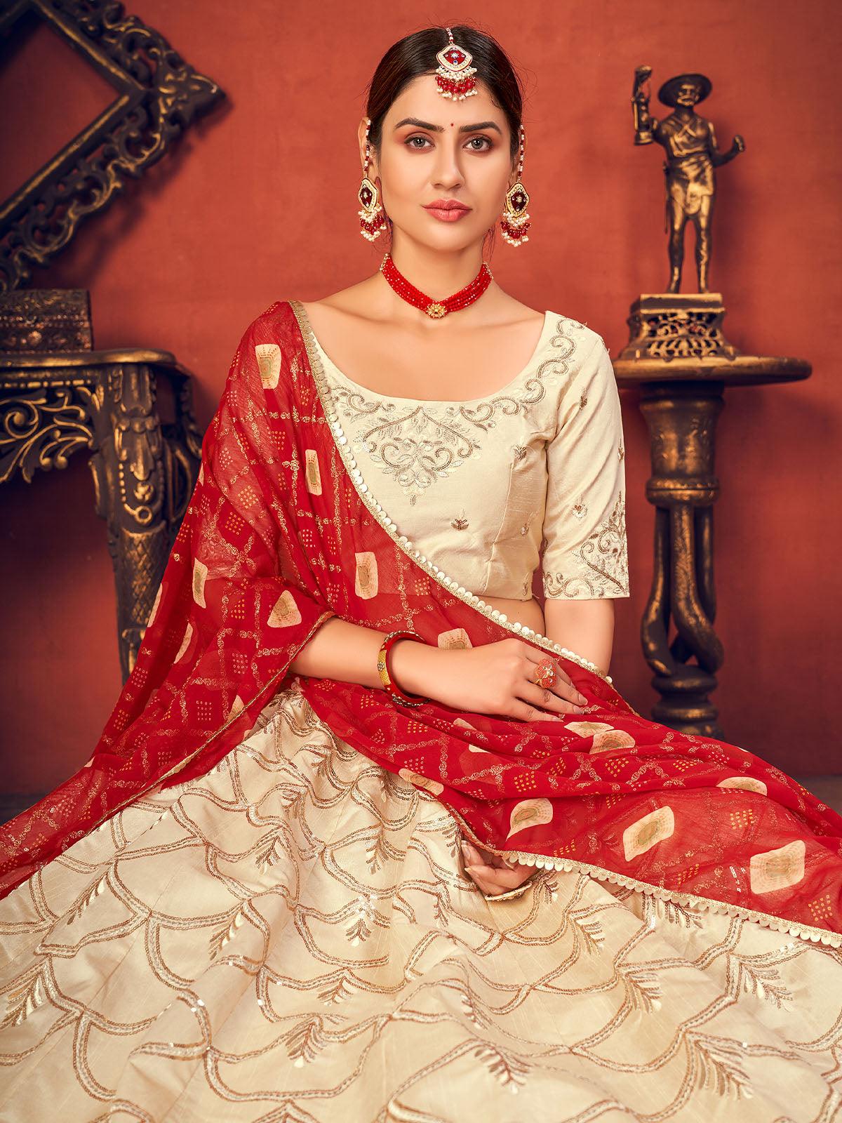 Impressive Beige Art Silk Lehenga Set - Rajwada