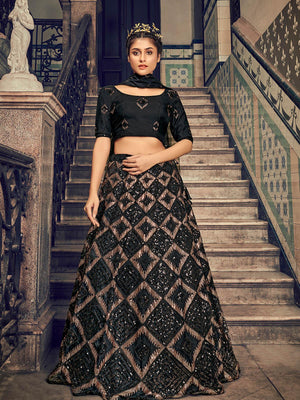 Impressive Black Net Sequins Lehenga Set - Rajwada
