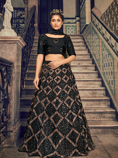 Impressive Black Net Sequins Lehenga Set - Rajwada