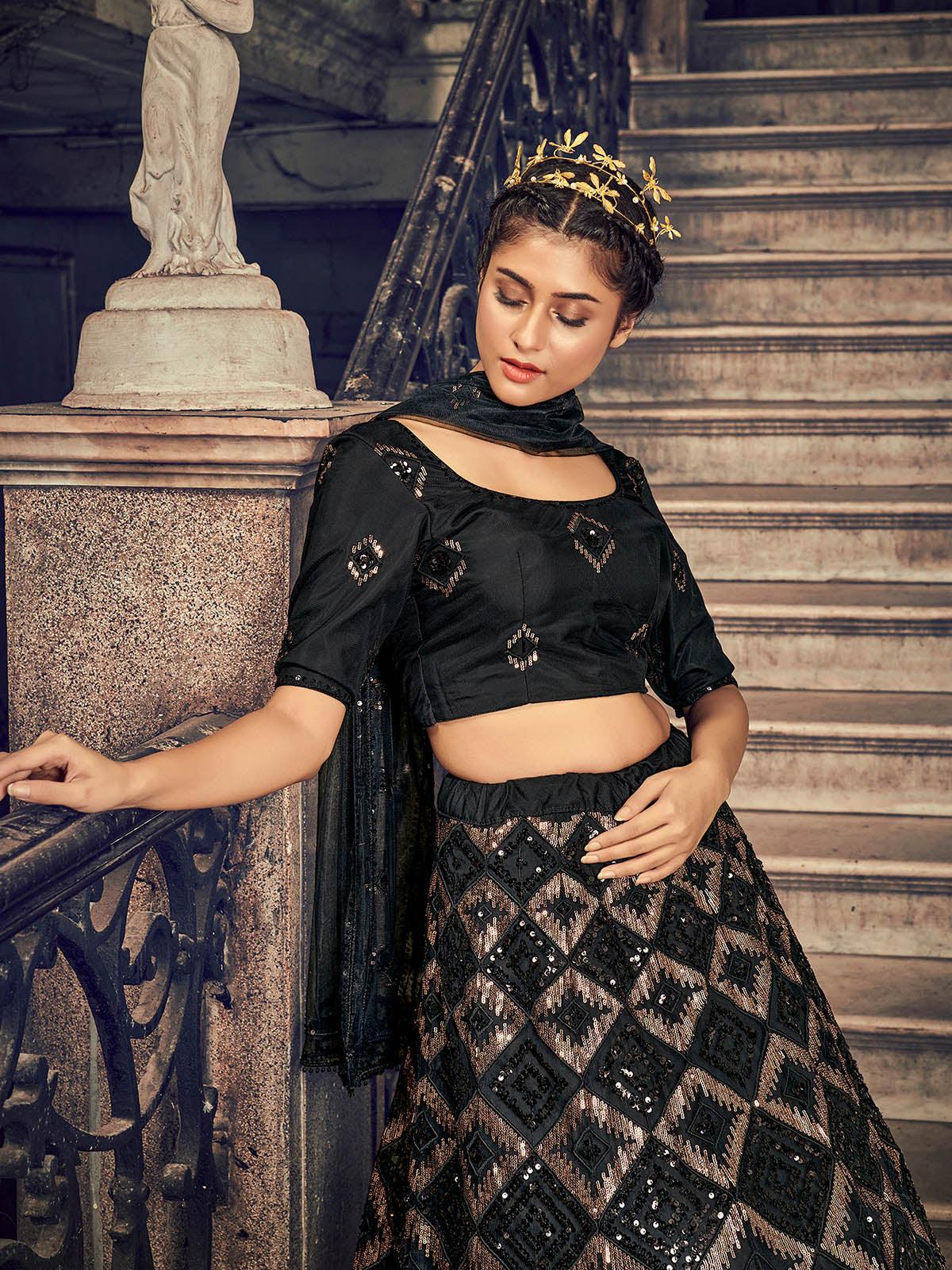 Impressive Black Net Sequins Lehenga Set - Rajwada