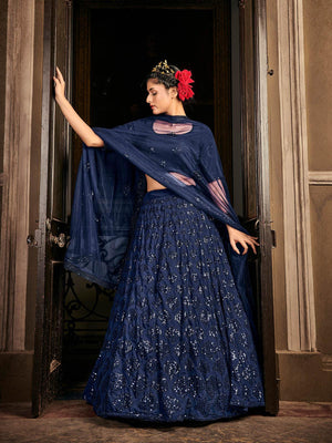 Impressive Navy Blue Georgette Lehenga Set - Rajwada