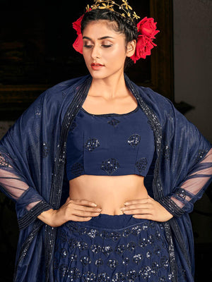 Impressive Navy Blue Georgette Lehenga Set - Rajwada