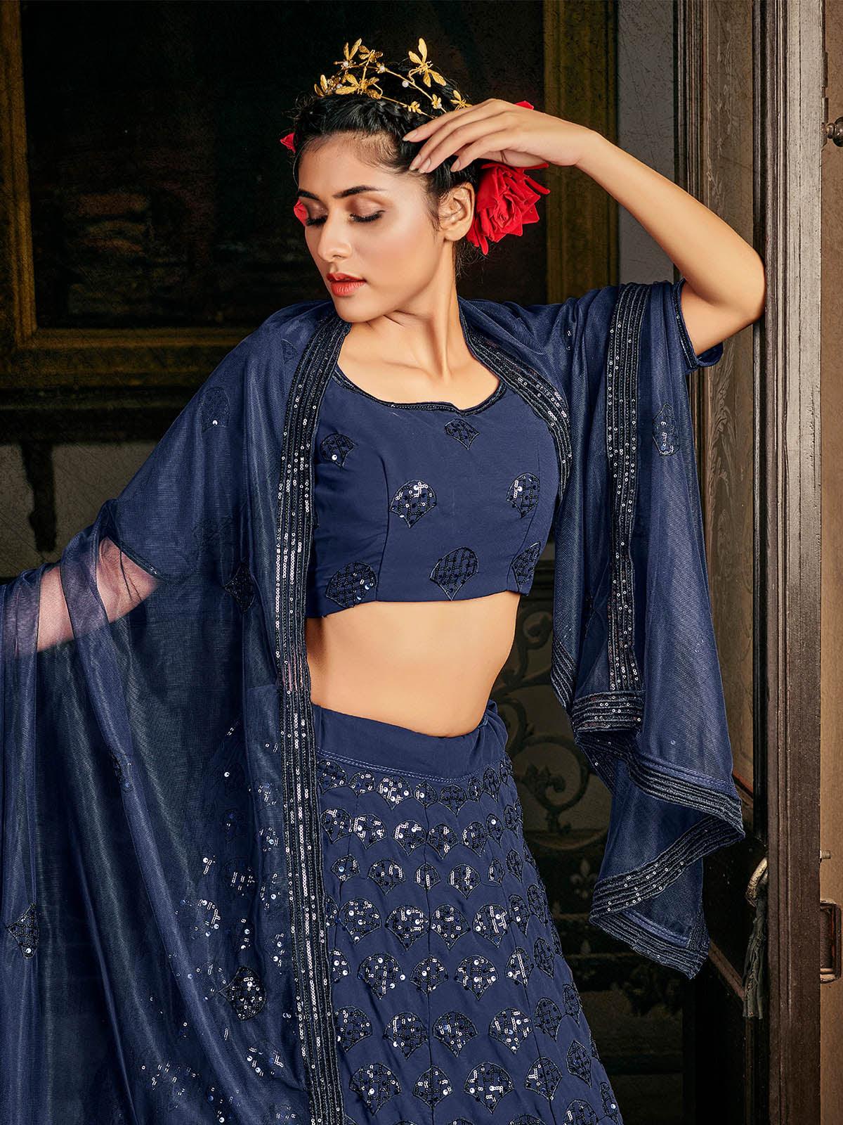 Impressive Navy Blue Georgette Lehenga Set - Rajwada