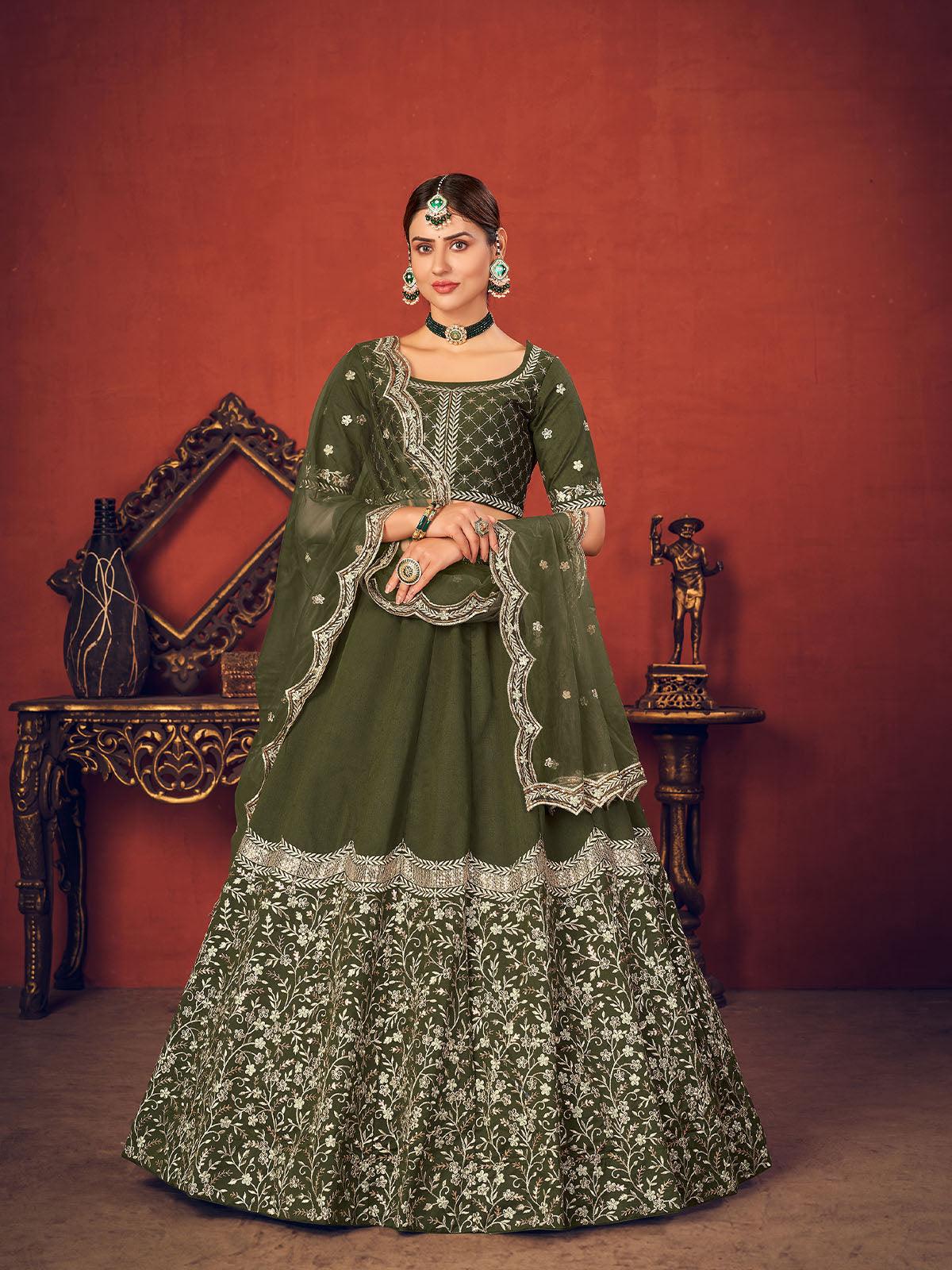 Impressive Olive Green Art Silk Lehenga Set - Rajwada