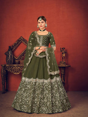 Impressive Olive Green Art Silk Lehenga Set - Rajwada