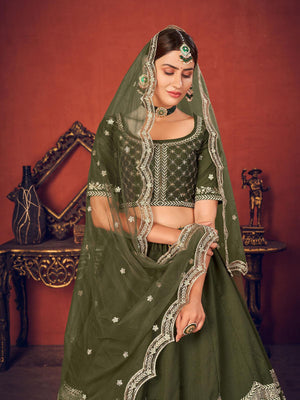 Impressive Olive Green Art Silk Lehenga Set - Rajwada