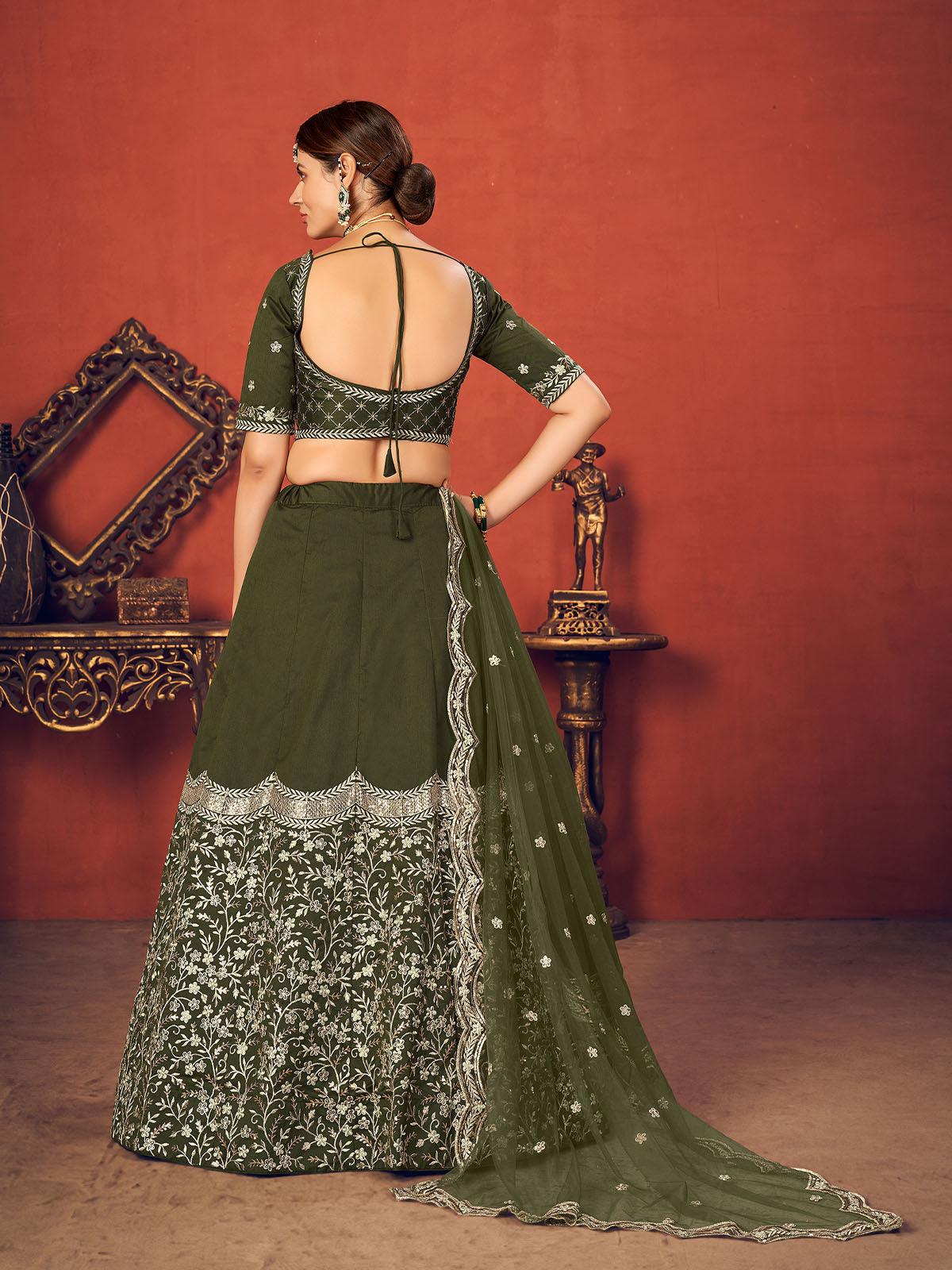 Impressive Olive Green Art Silk Lehenga Set - Rajwada