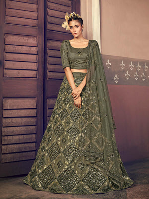 Impressive Olive Green Net Sequins Lehenga Set - Rajwada