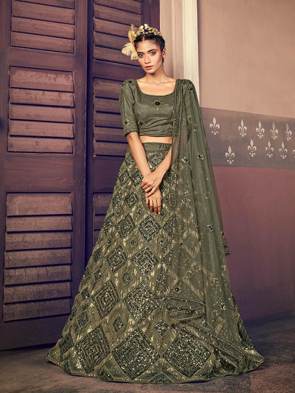 Impressive Olive Green Net Sequins Lehenga Set - Rajwada