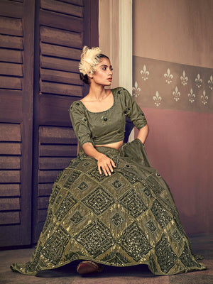 Impressive Olive Green Net Sequins Lehenga Set - Rajwada