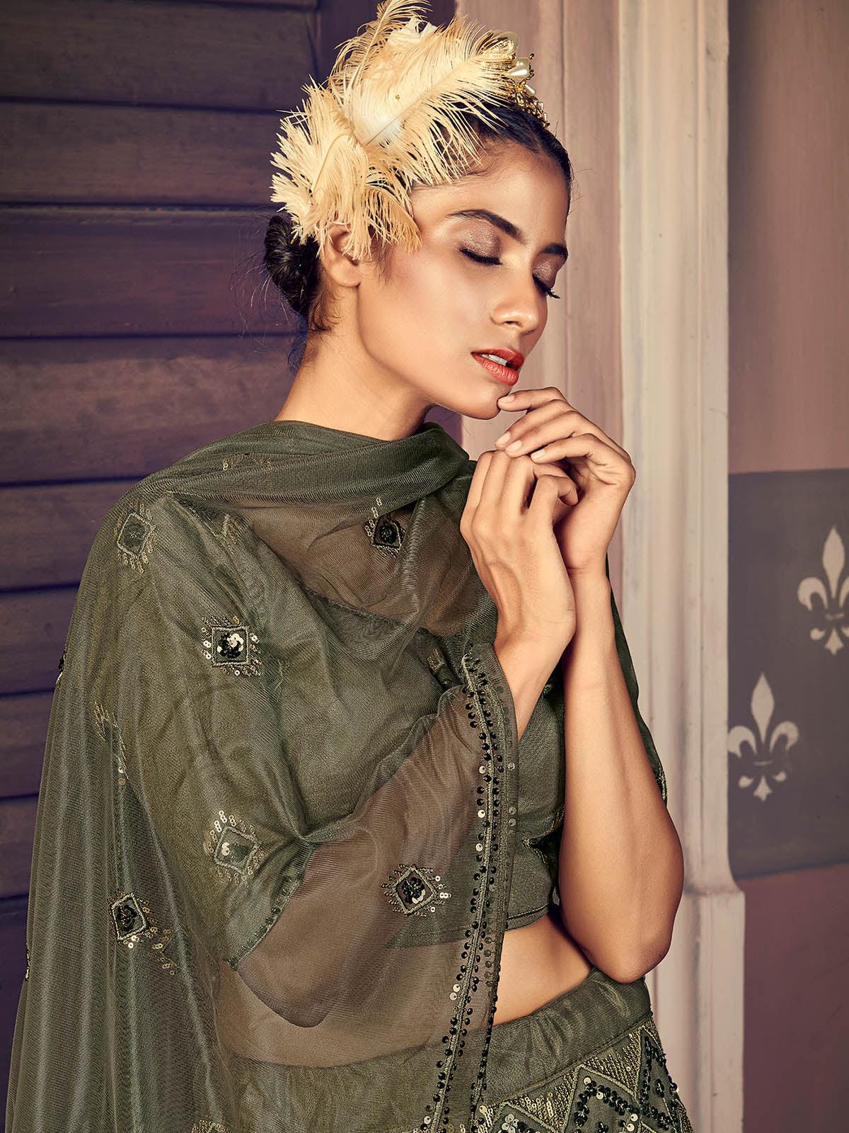 Impressive Olive Green Net Sequins Lehenga Set - Rajwada