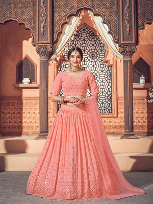 Impressive Peach Georgette Lehenga Set - Rajwada