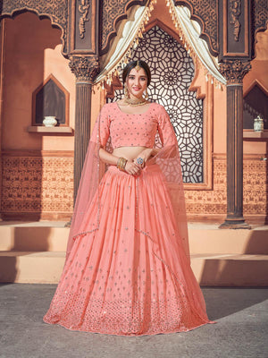 Impressive Peach Georgette Lehenga Set - Rajwada
