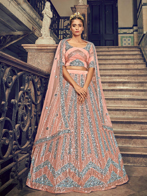 Impressive Peach Net Sequins Lehenga Set - Rajwada