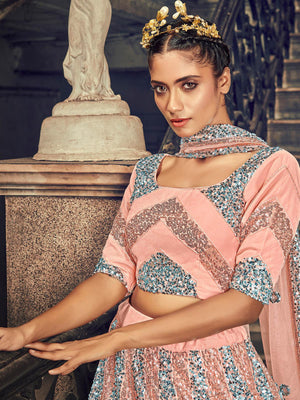 Impressive Peach Net Sequins Lehenga Set - Rajwada
