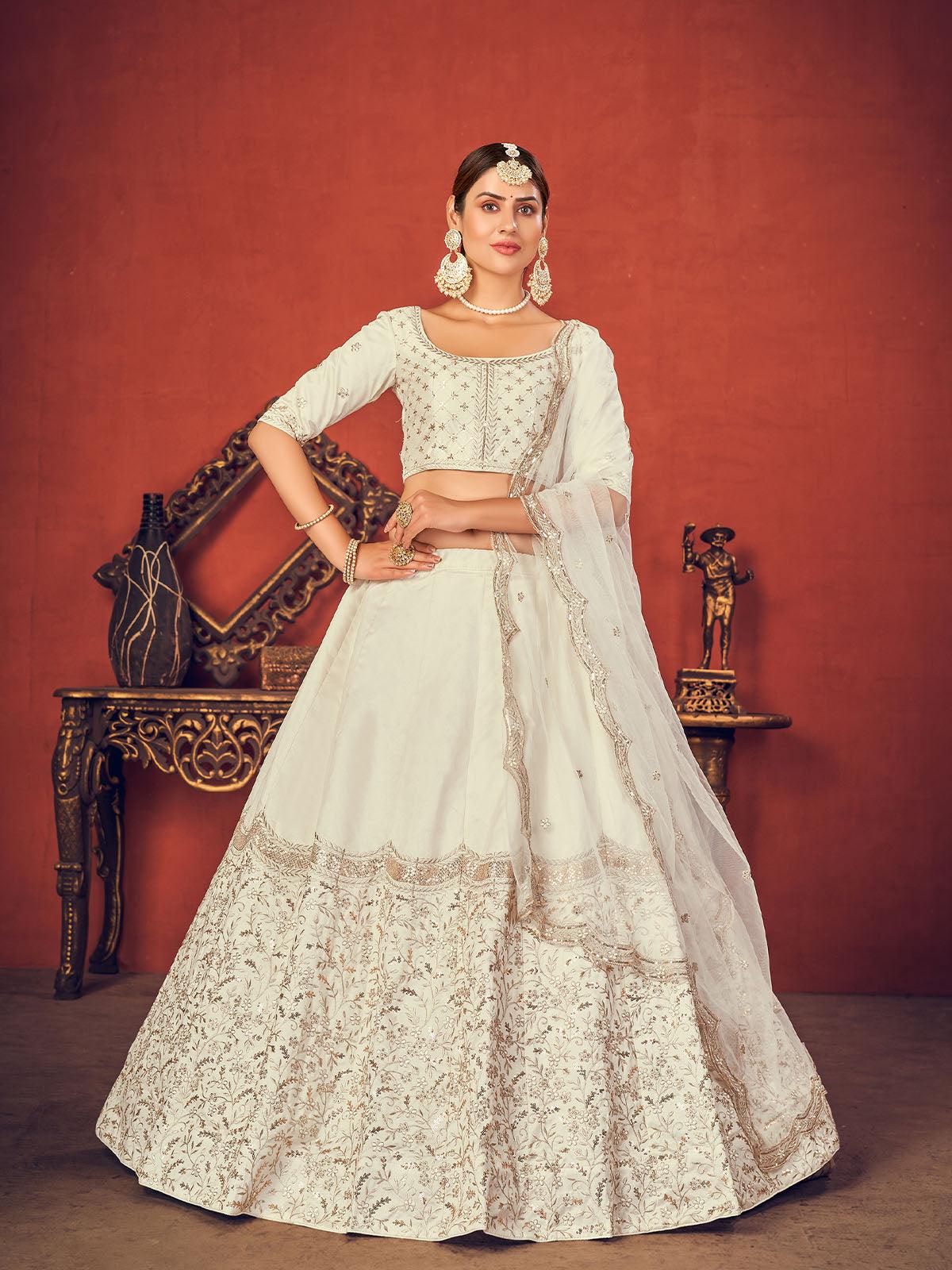 Impressive Pearl White Art Silk Lehenga Set - Rajwada