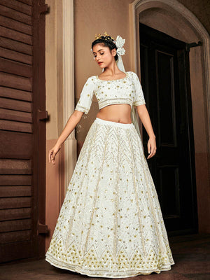 Impressive Pearl White Georgette Lehenga Set - Rajwada