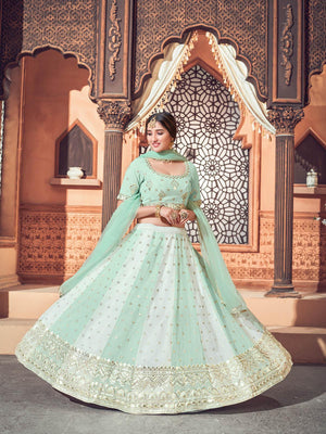 Impressive Pista Green Georgette Lehenga Set - Rajwada