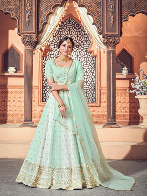 Impressive Pista Green Georgette Lehenga Set - Rajwada