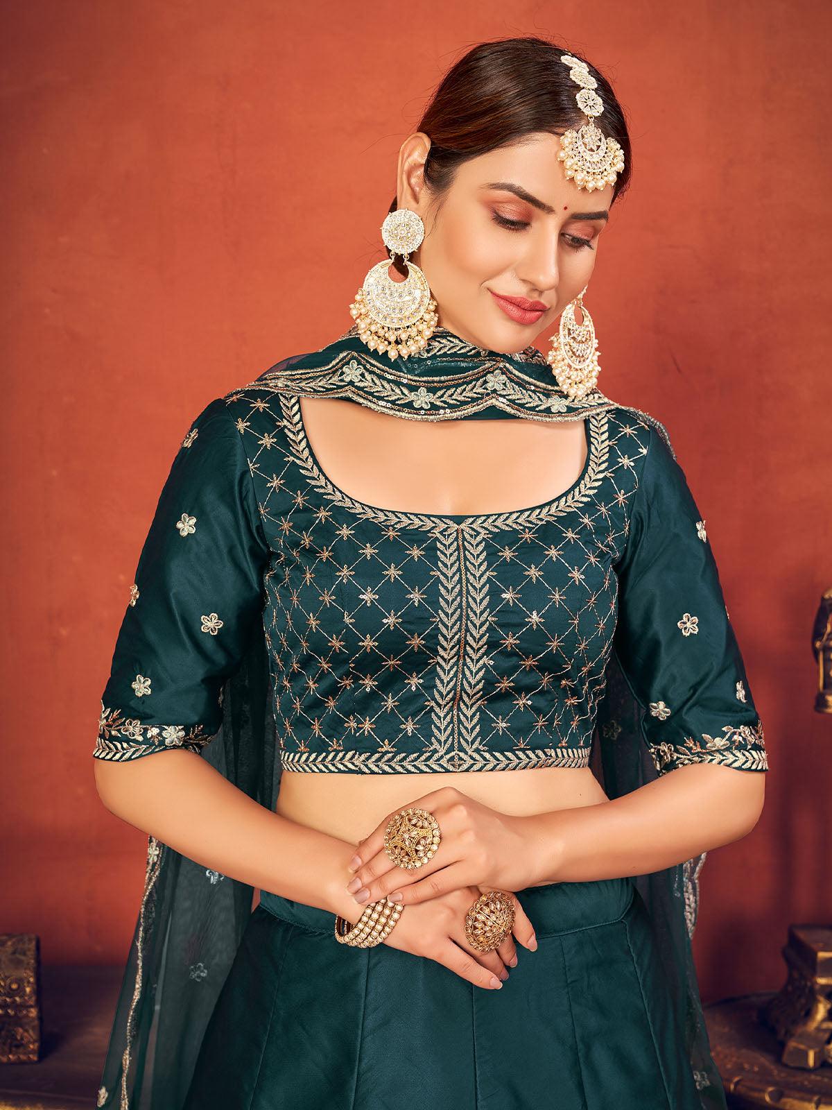 Impressive Rama Green Art Silk Lehenga Set - Rajwada